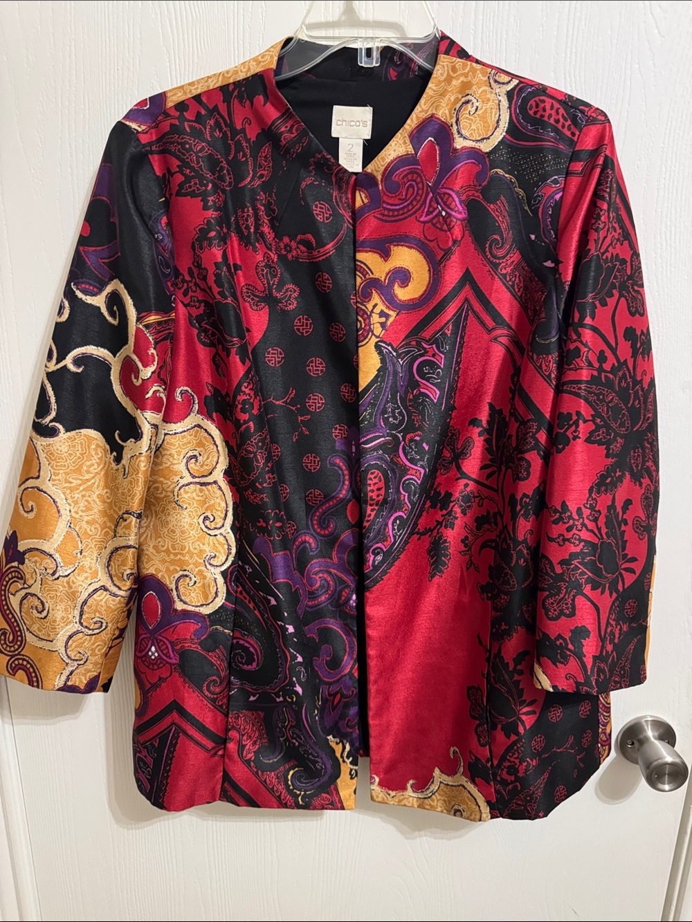 Chico's Size 2 US L Paisley Satin Open Front Jacket Red Purple Gold Women Pocket